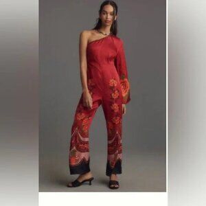 Farm Rio x Anthropologie One-Shoulder Printed Satin Jumpsuit